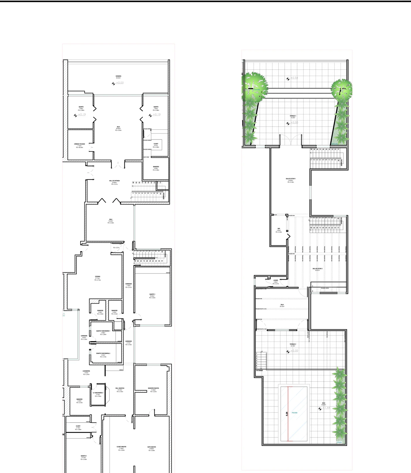 Survey plan of the duplex's two levels: lower floor and rooftop level with pool and terraces.